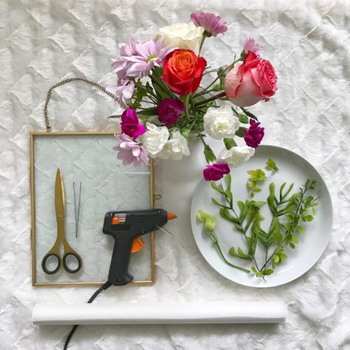 Pressed flowers DIY wall art tutorial supplies floating frame flowers greenery scissors hot glue gun