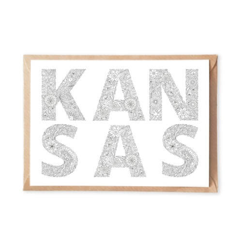 kansas coloring postcard, adult coloring postcard, kansas lettering, kansas state name, kansas state plaque