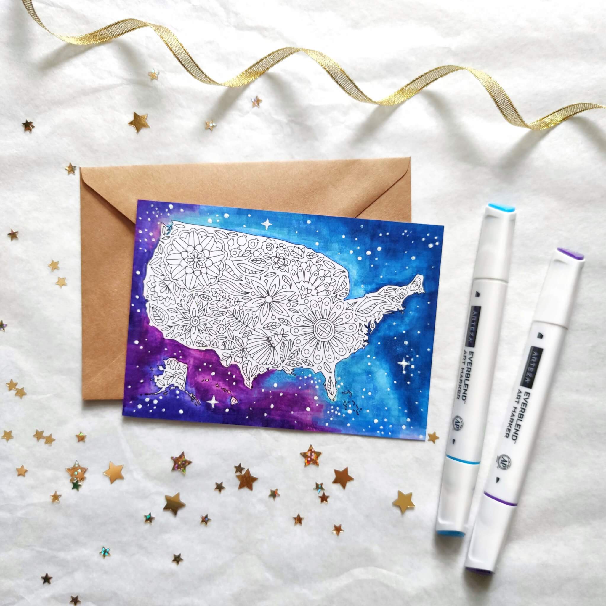 Galaxy Background USA Map Postcard For Adult Coloring