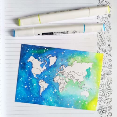 Galaxy Background World Map Postcard for Adult Coloring