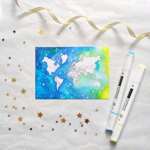 World Map Coloring Postcard with Galaxy Background