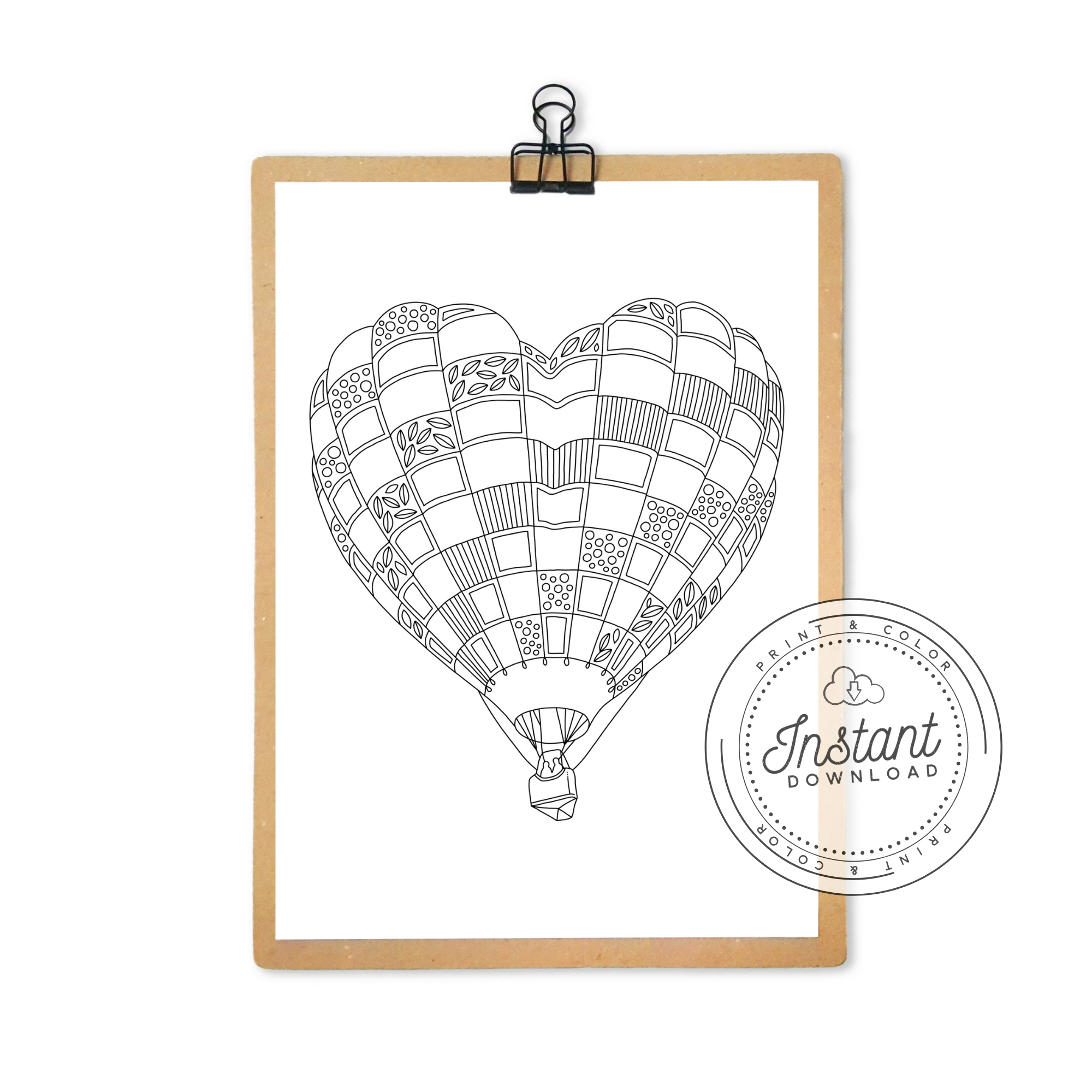 Hot Air Balloon Coloring Page Romantic Heart Printable Digital Download