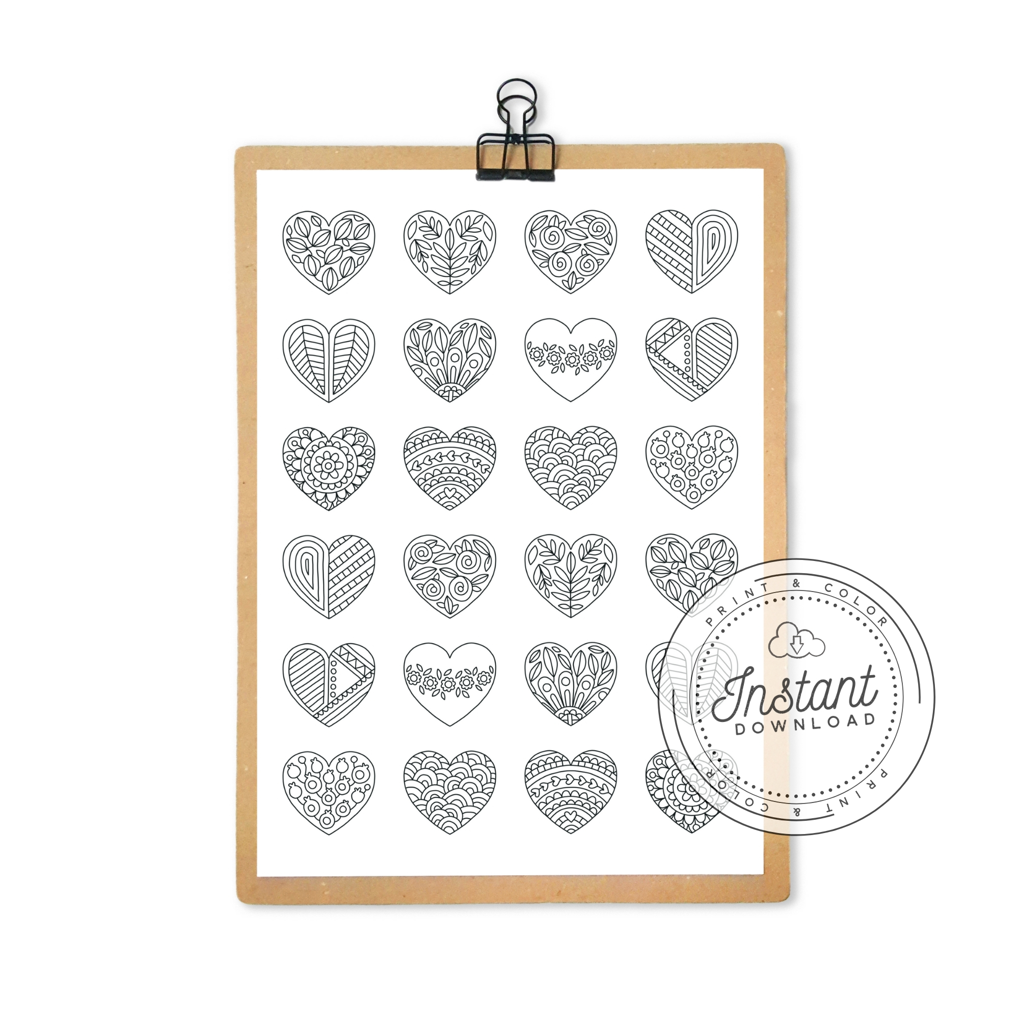 Printable Hearts Pattern Coloring Page for Adults Pretty Coloring Book Digital Download