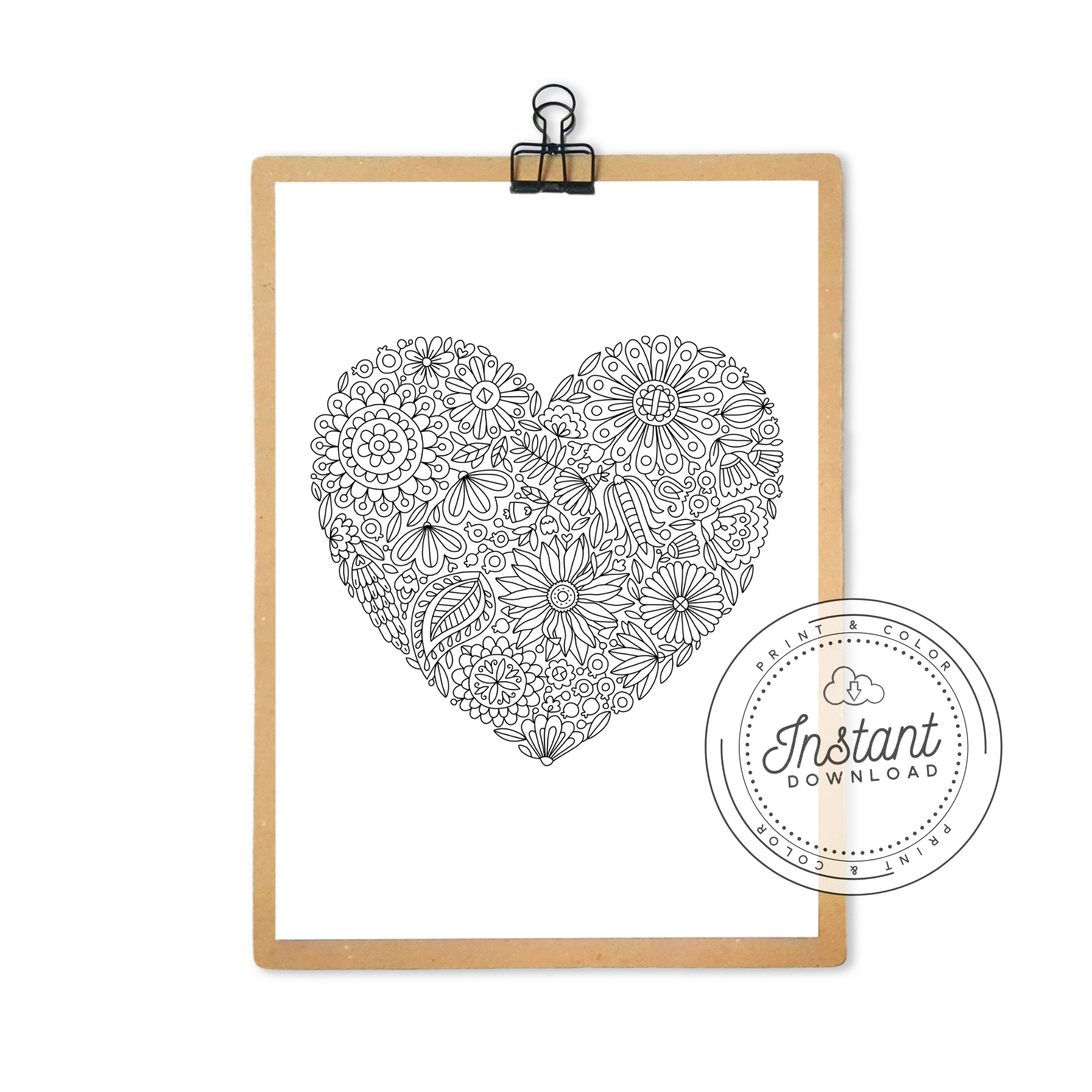 Printable Download Flowers Heart Adult Coloring Page