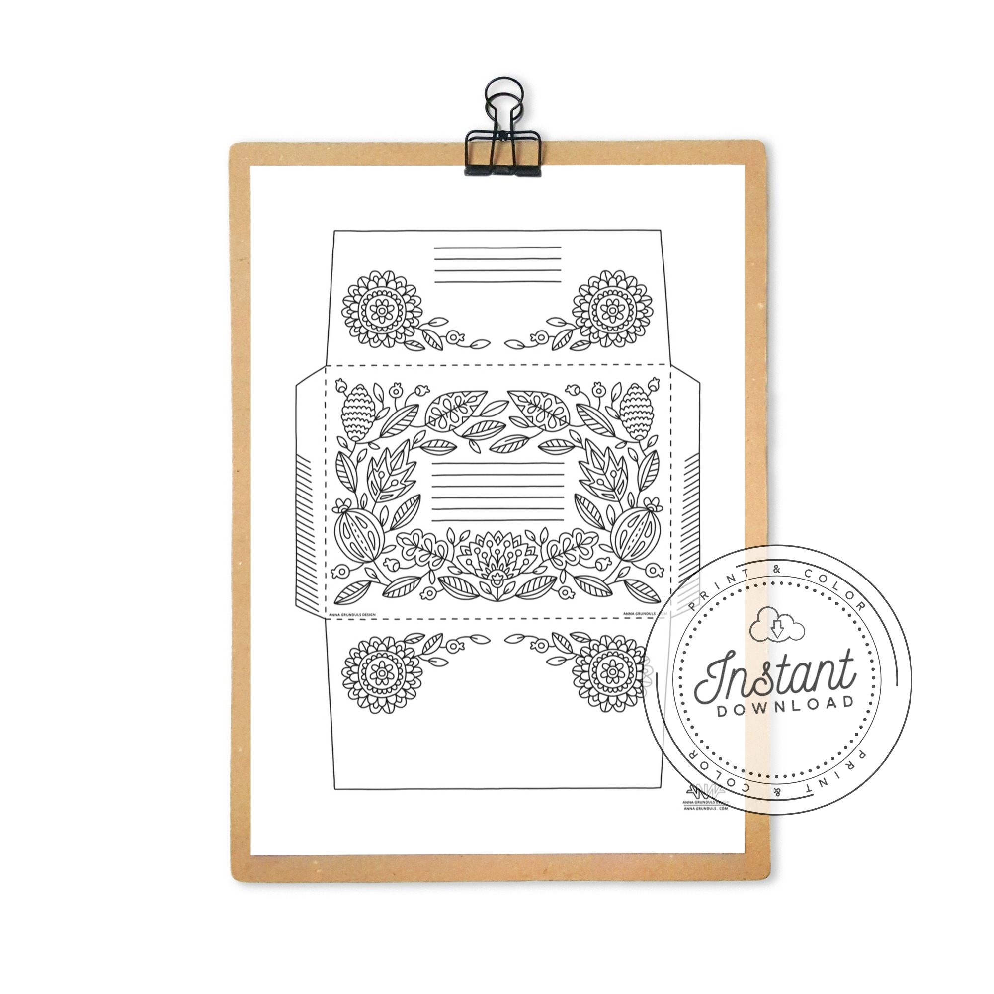 Adult Coloring Envelope to Print and Color - Anna Grunduls Design