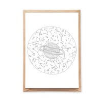 Sky Map Coloring Postcard with Stars Galaxy Pattern in a Circle and a large planet in the middle