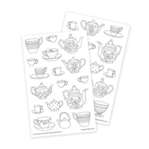 Teapots Coloring Stickers for Crafting and Adult Coloring