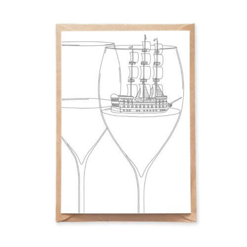 Wine Lover Postcard featuring two wine glasses with a miniature pirate ship inside one of them