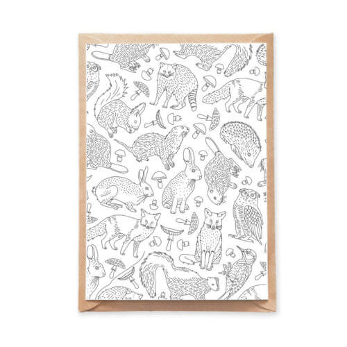 Forest Animals Pattern Postcard for Adult Coloring with Fox, Squirrel, Hedgehog Illustrations