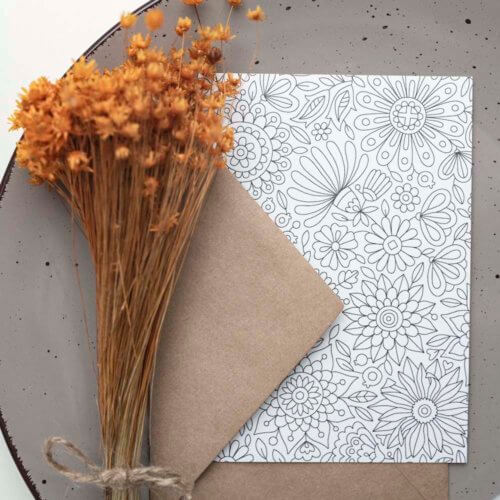 flowers pattern adult coloring postcard with envelope