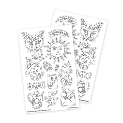 magic witchy stickers for adult coloring with cat