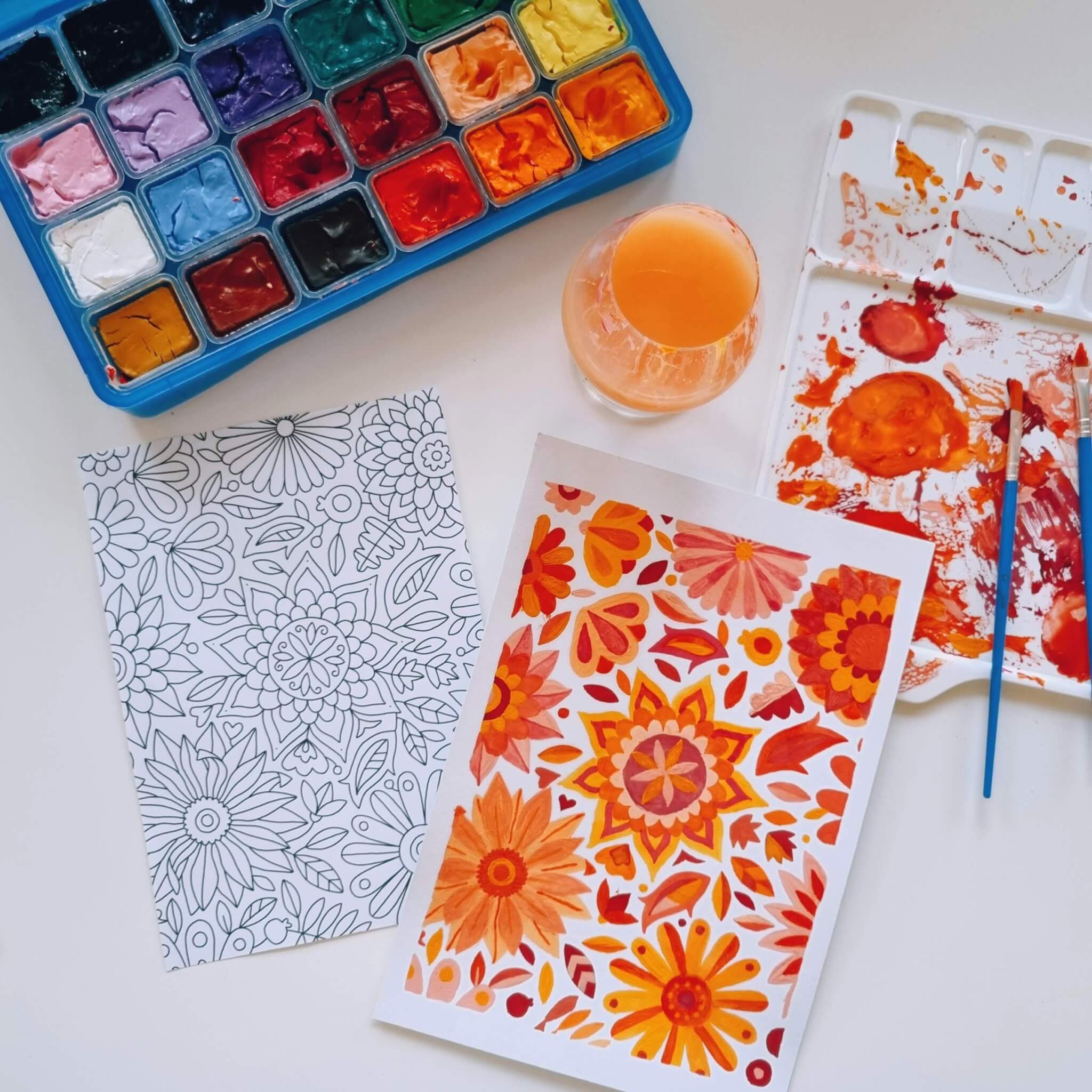 tutorial adult coloring with himi gouache paint flowers