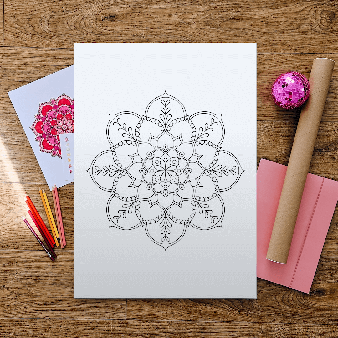 Beautiful Flower Mandala Coloring Poster, Flatlay on Wooden Background with Sturdy Shipping Poster Tube. Large coloring page with handdrawn mandala illustration for a cozy coloring project