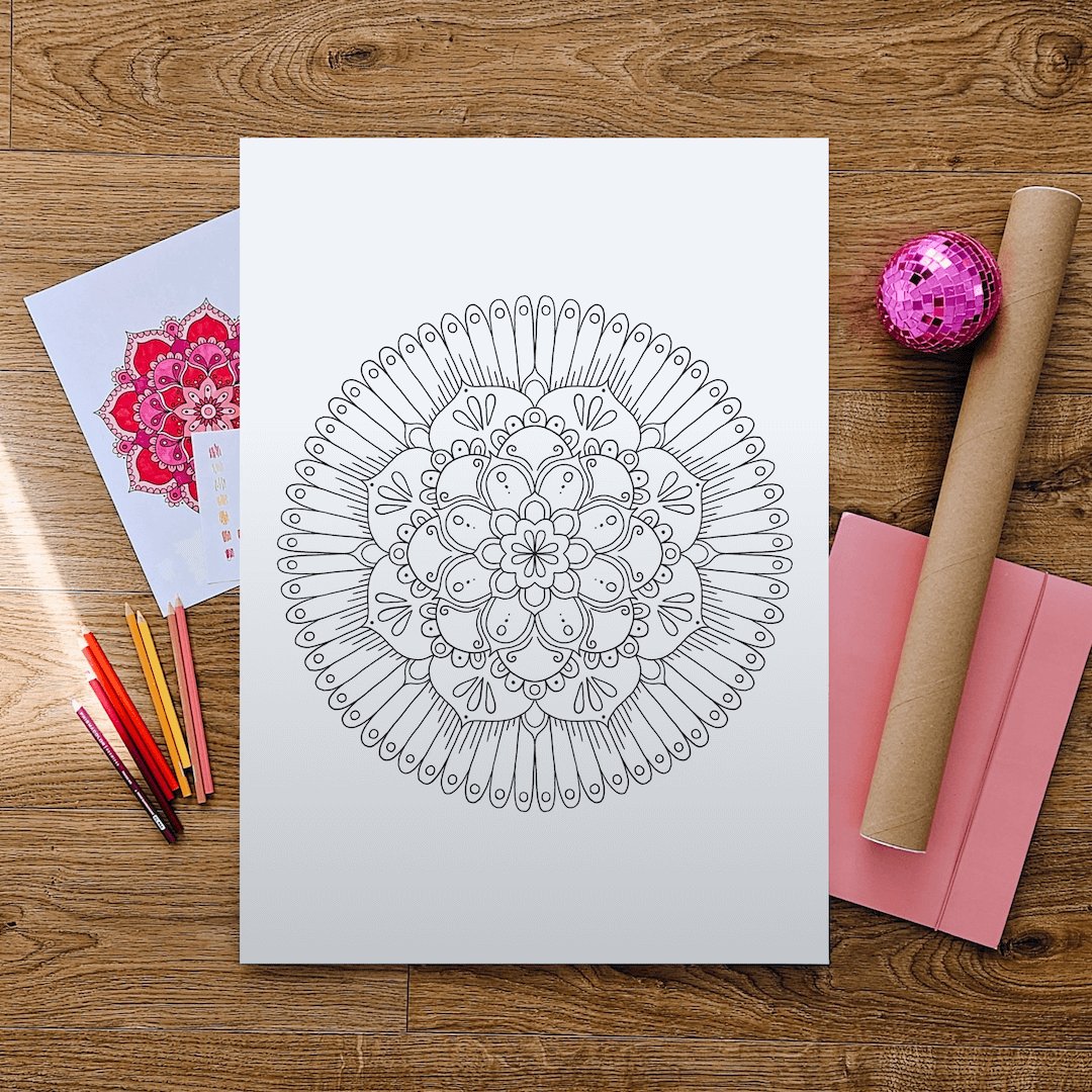 Beautiful Flower Mandala Coloring Poster, Flatlay on Wooden Background with Sturdy Shipping Poster Tube. Large coloring page with handdrawn mandala illustration for a cozy coloring project