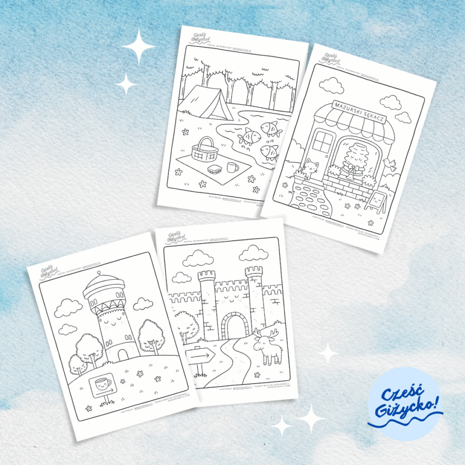 Four Coloring Pages featuring various scenes from Giżycko and Mazury in Poland. The coloring pages are available as printables, free to download and print.