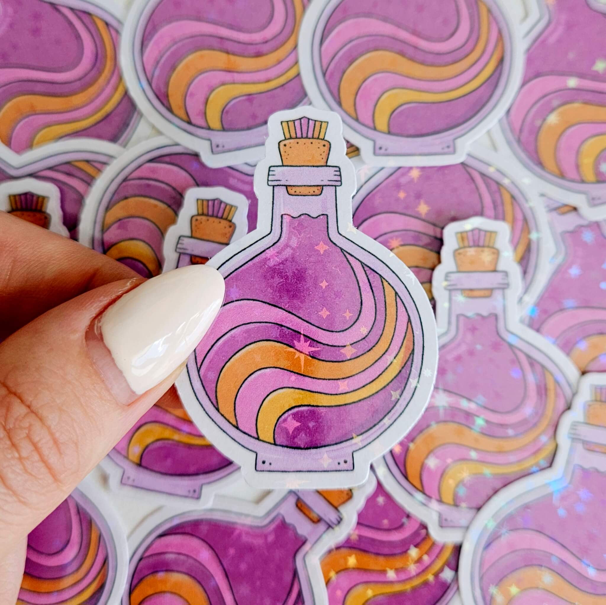 Pink and orange swirl holographic potion bottle sticker, vibrant magical fantasy vinyl decal for planners, scrapbooks, and gifts.