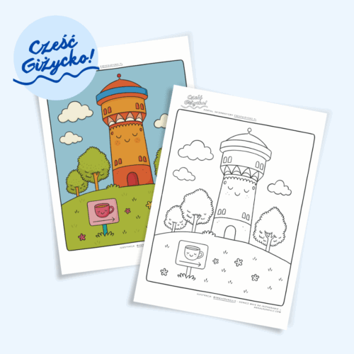 Picture of a coloring page in two versions - black and white and colorful, featuring a local attraction in Giżycko city, Wieża Ciśnień. The coloring page is one of four in a series and has been created in collaboration with Cześć Giżycko