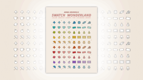 Color Swatch Charts Book with the Title "Swatch Wonderland" dedicated for swatching art supplies and creating custom color palettes for coloring books and crafts, illustrated and published by Anna Grunduls