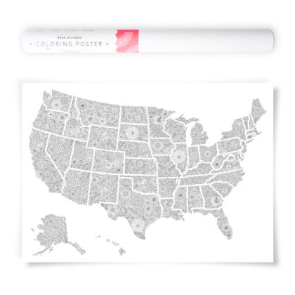 Bestselling United States Coloring Poster featuring a political map of the US with detailed flower patterns