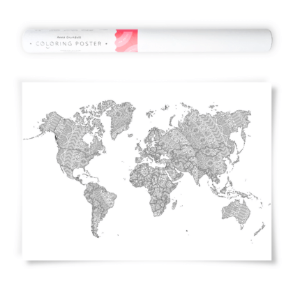 Mandala World Map Coloring Poster, Large coloring page for travel tracking, sales tracking or crafting