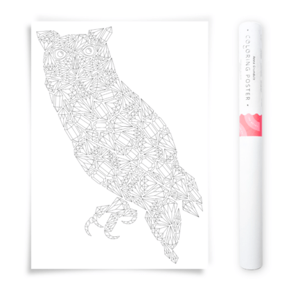 Gemstones Owl Coloring Poster, Large coloring page featuring an owl filed with gems and crystals to color in, packaged in a labeled poster tube