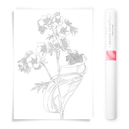 Magical Fairy Coloring Poster with Wildflowers and a beautiful woman