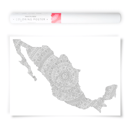 Mexico Map Coloring Poster filled with handdrawn mandala patterns