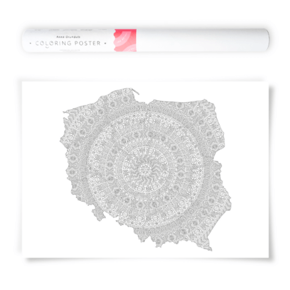 Coloring Poster featuring the map of Poland filled with handdrawn mandala patterns