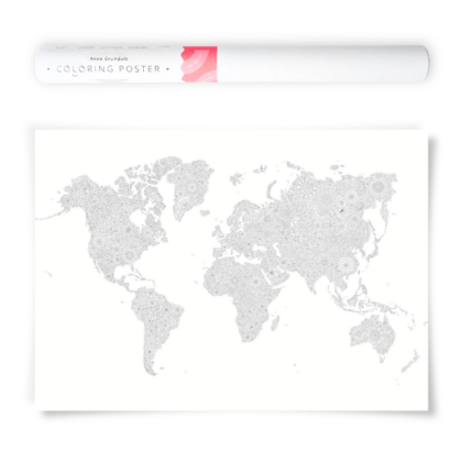 Vey detailed coloring poster featuring a world map filled with detailled flower patterns