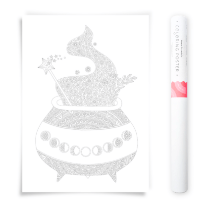 witch cauldron adult coloring poster with moon phases