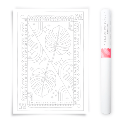 Mostera Deliciosa Swiss Plant Houseplant Coloring Poster with Handdrawn Illustration