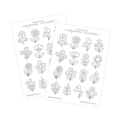 A floral coloring sticker sheet featuring hand-drawn black and white flower illustrations, including daisies and simple spring blooms, designed to be colored in like a coloring page. The A6 sticker sheet shows multiple cute botanical designs with clean line art on white paper.