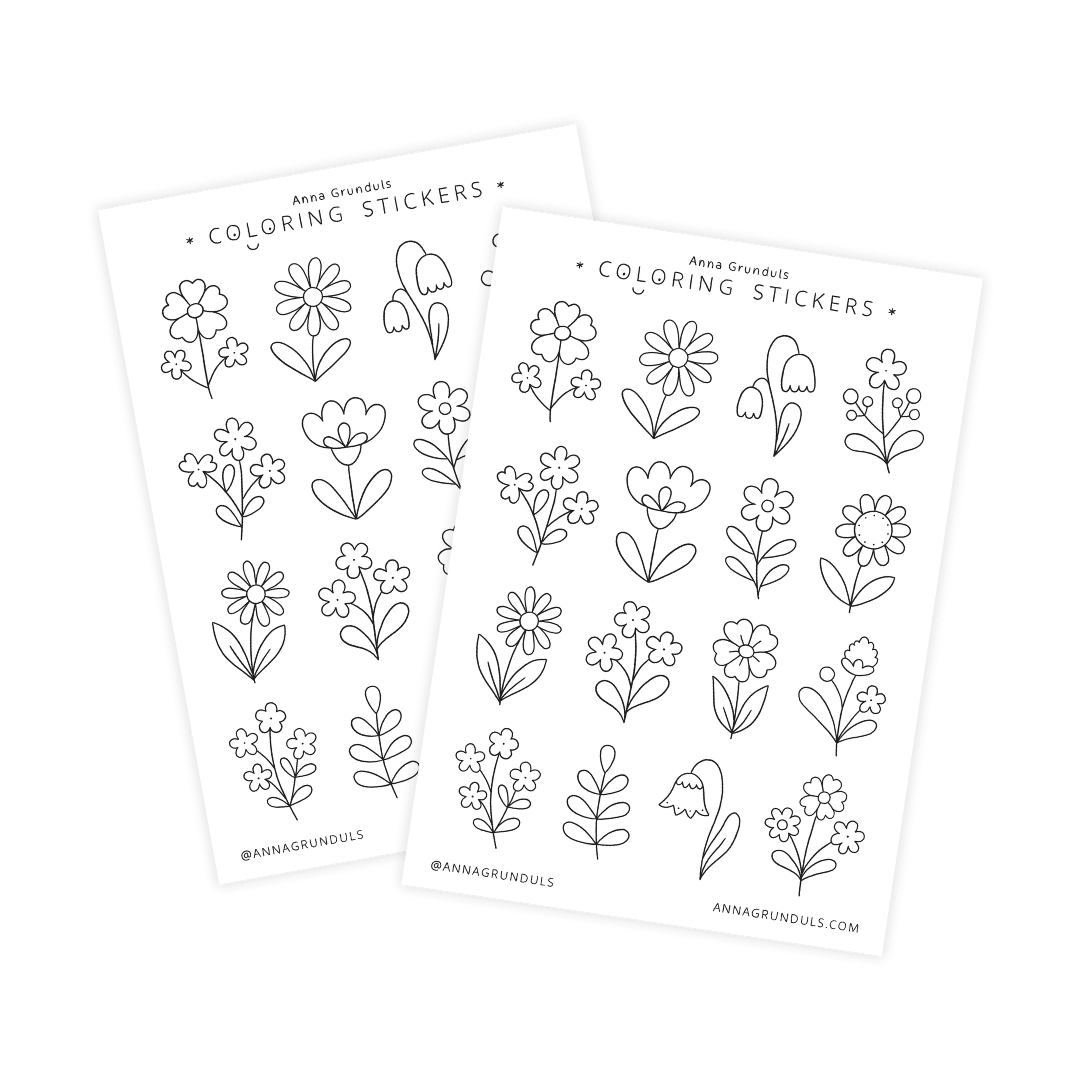 A floral coloring sticker sheet featuring hand-drawn black and white flower illustrations, including daisies and simple spring blooms, designed to be colored in like a coloring page. The A6 sticker sheet shows multiple cute botanical designs with clean line art on white paper.