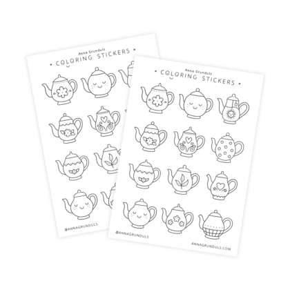 Two teapot-themed coloring sticker sheets featuring hand-drawn black and white teapot illustrations with decorative details such as flowers, hearts, leaves, dots, and smiling faces. The A6 sticker sheets include multiple whimsical tea pot designs arranged in neat rows, ready to be colored in like a mini coloring page.