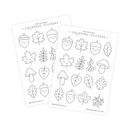 Two autumn-themed coloring sticker sheets featuring hand-drawn black and white illustrations of fall leaves, acorns with smiling faces, mushrooms, and berry branches. The A6 sticker sheets include cute seasonal designs arranged in neat rows, ready to be colored in like a mini fall-themed coloring page.