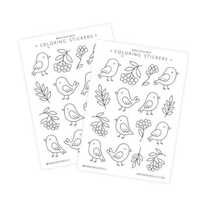 Two bird-themed coloring sticker sheets featuring hand-drawn black and white illustrations of small woodland birds, leafy branches, and berry clusters. The A6 sticker sheets include simple, cute nature designs arranged in neat rows, ready to be colored in like a mini coloring page.