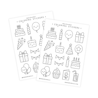 Two birthday-themed coloring sticker sheets featuring hand-drawn black and white illustrations of cakes with candles, balloons, party hats, wrapped gifts, cupcakes, greeting cards, and a juice box. The A6 sticker sheets include cute celebration designs arranged in neat rows, ready to be colored in like a mini party-themed coloring page.