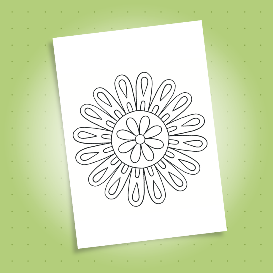 Coloring page featuring a symmetrical flower design with easy to color patterns and bold lines, on a green background
