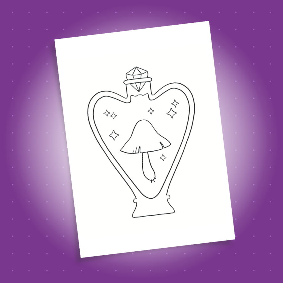 Printed coloring page, featuring a heart-shaped potion bottle with sparkles and a mushroom inside and a diamond-shaped cork, displayed on a dark purple background.