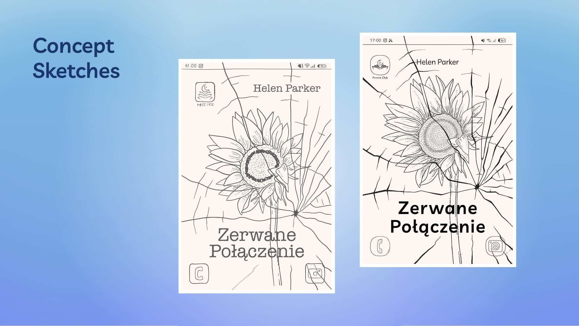 Concept sketches for the book cover illustration of Zerwane Połączenie by Helen Parker, showing early sunflower cover design ideas and symbolic cracked glass composition