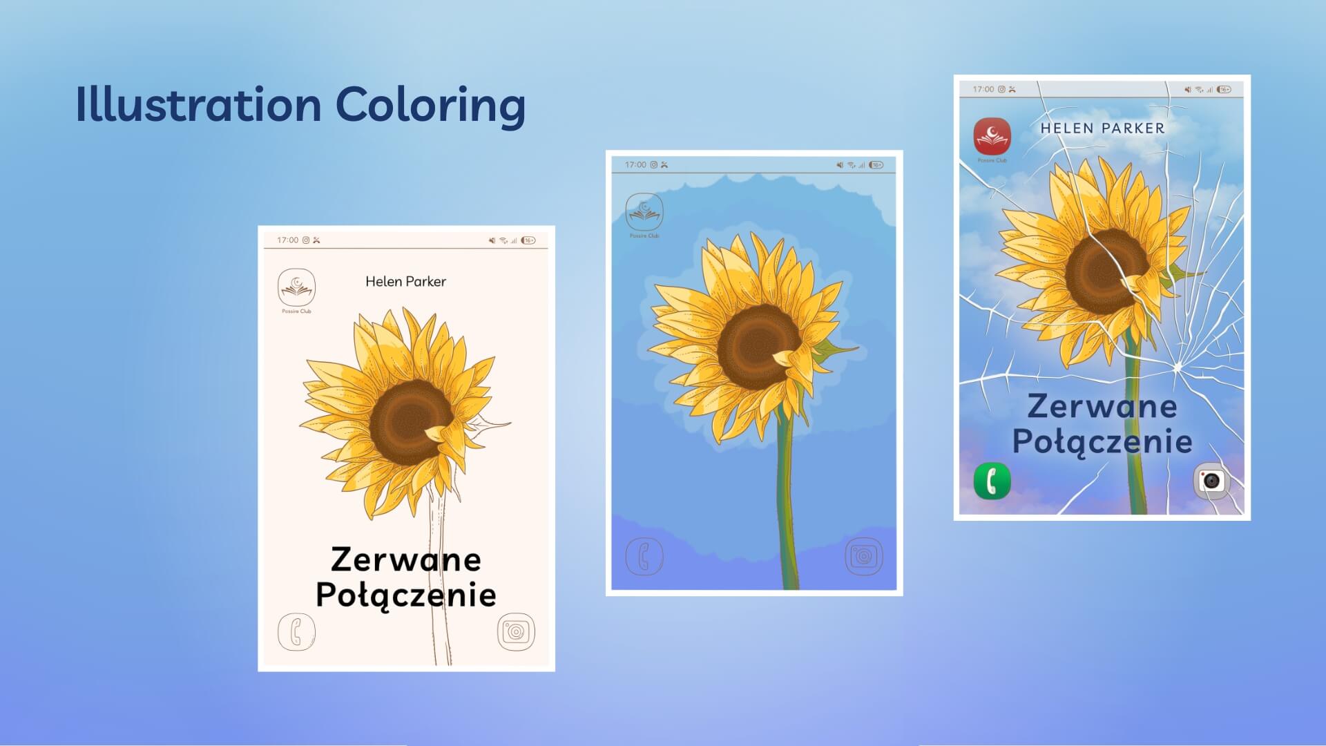 Step-by-step coloring process of the Zerwane Połączenie book cover illustration by Anna Grunduls, from sketch to final romance book cover artwork