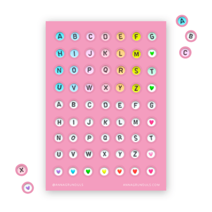 Simple Letter Beads Alphabet Sticker Sheet with Pink Background for Journaling