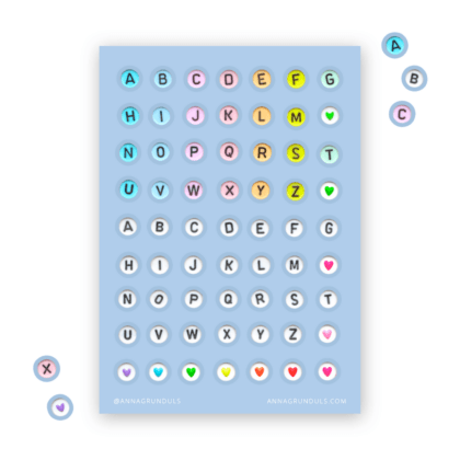 Simple Letter Beads Alphabet Sticker Sheet with Blue Background for Journaling