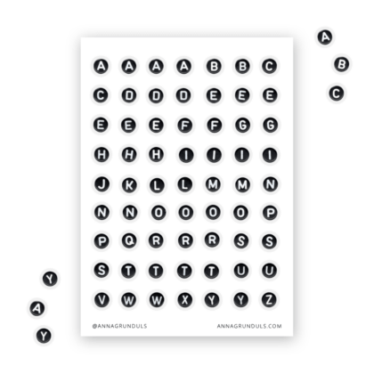 Sticker Sheet with Black Letter Beads Stickers on White Background for Journaling