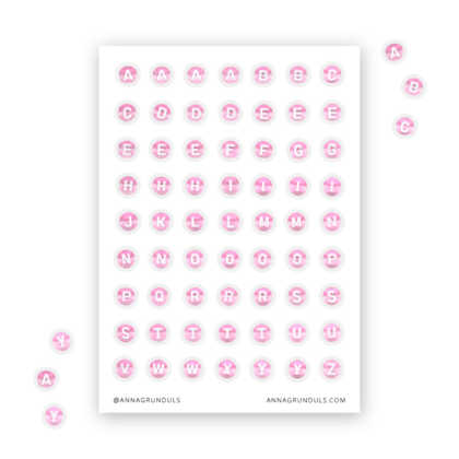 Sticker Sheet with Pink Half-Transparent Letter Beads Stickers on White Background for Journaling