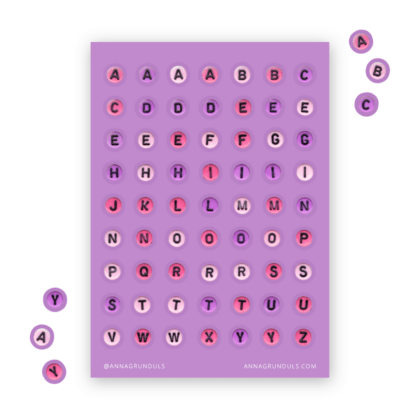 Sticker Sheet with Pink and Purple Letter Beads Stickers on Purple Background for Journaling