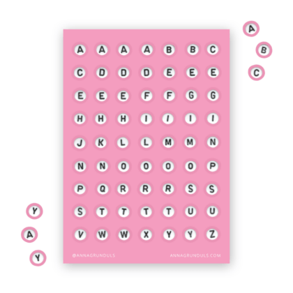 Classic Letter Beads Sticker Sheet with Alphabet Stickers on Pink Background for Journaling