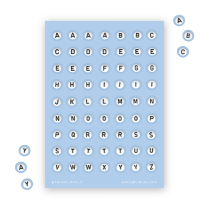 Classic Letter Beads Sticker Sheet with Alphabet Stickers on Blue Background for Journaling