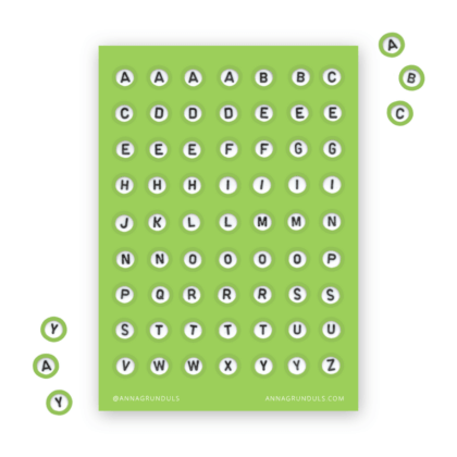 Classic Letter Beads Sticker Sheet with Alphabet Stickers on Green Background for Journaling