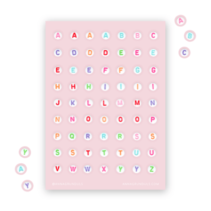 Cheerful Colorful Letter Beads Alphabet Sticker Sheet on Light Pink Background for Journaling and Crafting
